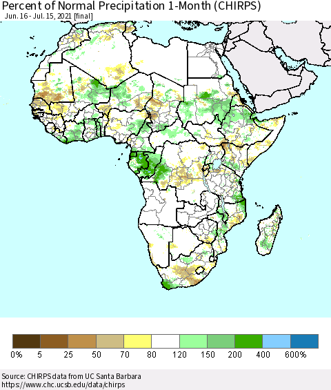 Africa Percent of Normal Precipitation 1-Month (CHIRPS) Thematic Map For 6/16/2021 - 7/15/2021