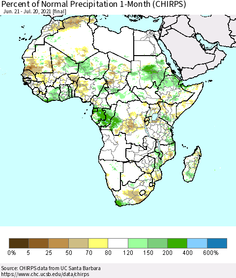 Africa Percent of Normal Precipitation 1-Month (CHIRPS) Thematic Map For 6/21/2021 - 7/20/2021