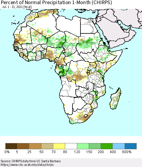 Africa Percent of Normal Precipitation 1-Month (CHIRPS) Thematic Map For 7/1/2021 - 7/31/2021