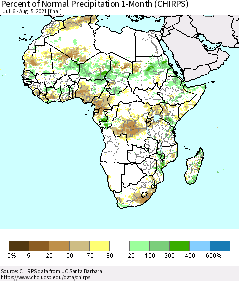 Africa Percent of Normal Precipitation 1-Month (CHIRPS) Thematic Map For 7/6/2021 - 8/5/2021