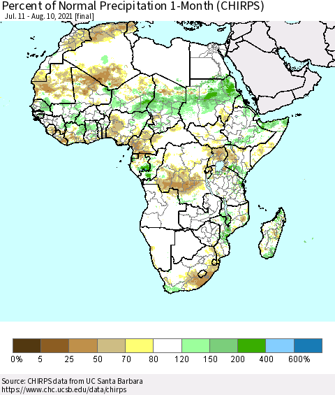 Africa Percent of Normal Precipitation 1-Month (CHIRPS) Thematic Map For 7/11/2021 - 8/10/2021
