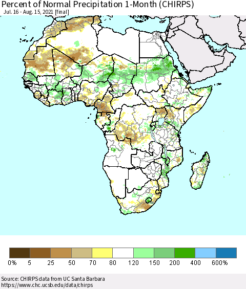 Africa Percent of Normal Precipitation 1-Month (CHIRPS) Thematic Map For 7/16/2021 - 8/15/2021