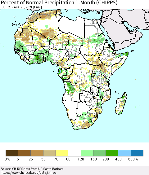 Africa Percent of Normal Precipitation 1-Month (CHIRPS) Thematic Map For 7/26/2021 - 8/25/2021