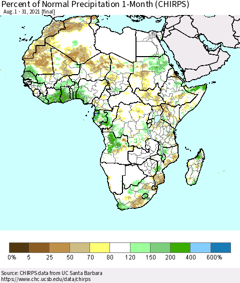 Africa Percent of Normal Precipitation 1-Month (CHIRPS) Thematic Map For 8/1/2021 - 8/31/2021