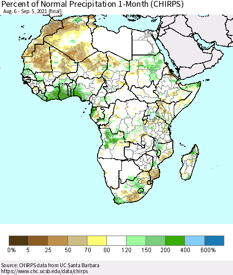 Africa Percent of Normal Precipitation 1-Month (CHIRPS) Thematic Map For 8/6/2021 - 9/5/2021