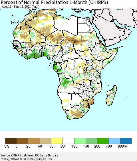 Africa Percent of Normal Precipitation 1-Month (CHIRPS) Thematic Map For 8/16/2021 - 9/15/2021