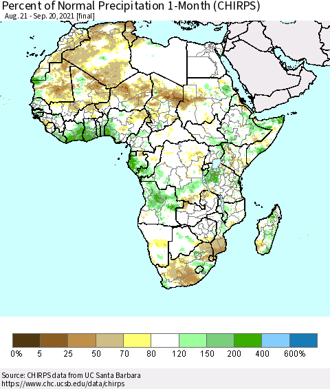 Africa Percent of Normal Precipitation 1-Month (CHIRPS) Thematic Map For 8/21/2021 - 9/20/2021