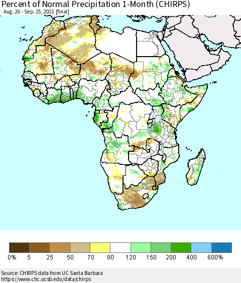 Africa Percent of Normal Precipitation 1-Month (CHIRPS) Thematic Map For 8/26/2021 - 9/25/2021