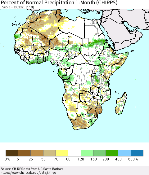 Africa Percent of Normal Precipitation 1-Month (CHIRPS) Thematic Map For 9/1/2021 - 9/30/2021