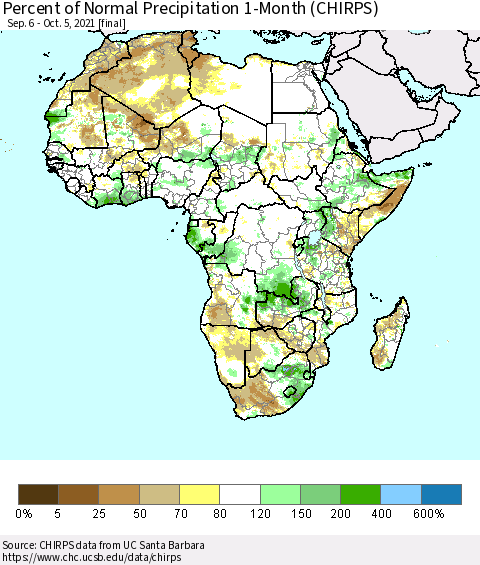 Africa Percent of Normal Precipitation 1-Month (CHIRPS) Thematic Map For 9/6/2021 - 10/5/2021