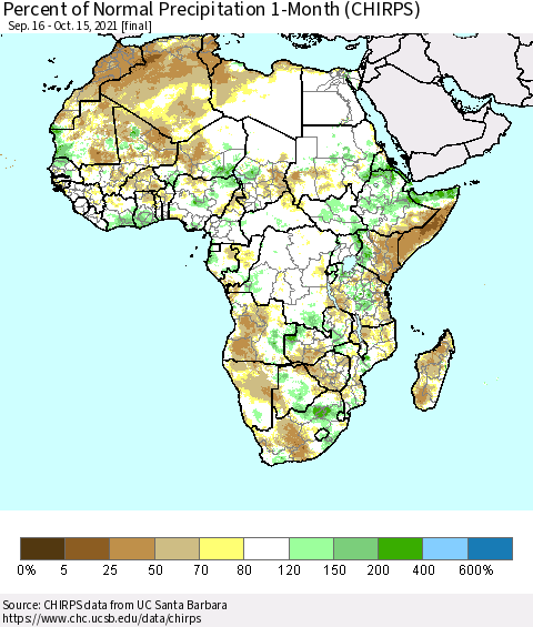 Africa Percent of Normal Precipitation 1-Month (CHIRPS) Thematic Map For 9/16/2021 - 10/15/2021