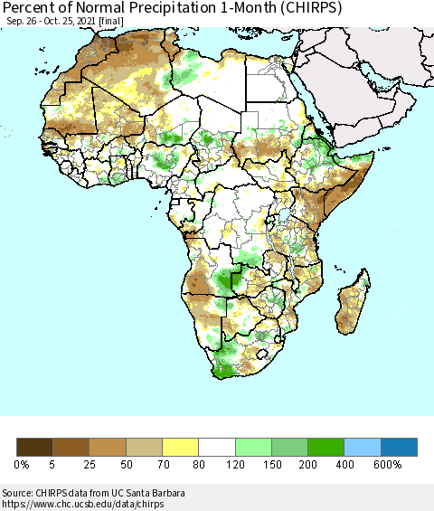 Africa Percent of Normal Precipitation 1-Month (CHIRPS) Thematic Map For 9/26/2021 - 10/25/2021