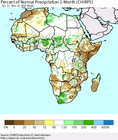 Africa Percent of Normal Precipitation 1-Month (CHIRPS) Thematic Map For 10/11/2021 - 11/10/2021