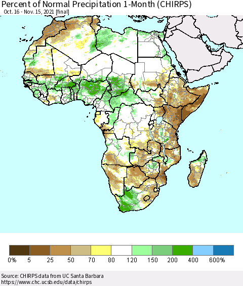 Africa Percent of Normal Precipitation 1-Month (CHIRPS) Thematic Map For 10/16/2021 - 11/15/2021