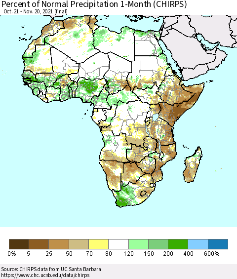 Africa Percent of Normal Precipitation 1-Month (CHIRPS) Thematic Map For 10/21/2021 - 11/20/2021