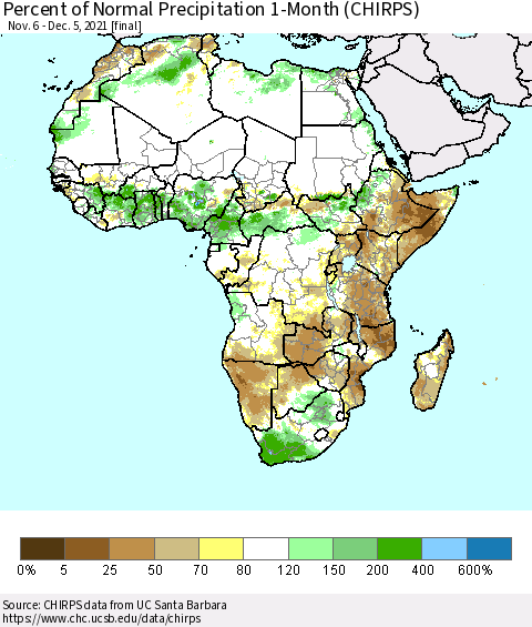 Africa Percent of Normal Precipitation 1-Month (CHIRPS) Thematic Map For 11/6/2021 - 12/5/2021