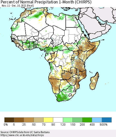 Africa Percent of Normal Precipitation 1-Month (CHIRPS) Thematic Map For 11/11/2021 - 12/10/2021