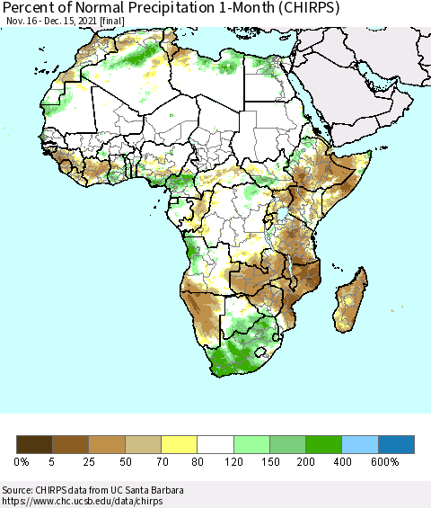 Africa Percent of Normal Precipitation 1-Month (CHIRPS) Thematic Map For 11/16/2021 - 12/15/2021