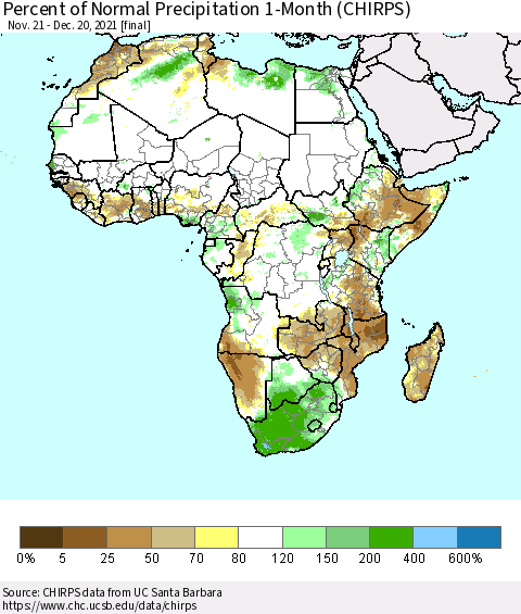 Africa Percent of Normal Precipitation 1-Month (CHIRPS) Thematic Map For 11/21/2021 - 12/20/2021