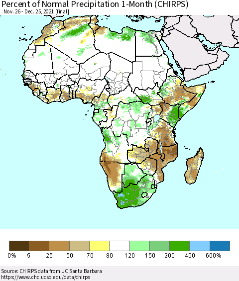 Africa Percent of Normal Precipitation 1-Month (CHIRPS) Thematic Map For 11/26/2021 - 12/25/2021