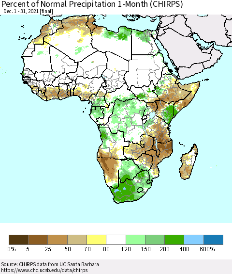 Africa Percent of Normal Precipitation 1-Month (CHIRPS) Thematic Map For 12/1/2021 - 12/31/2021