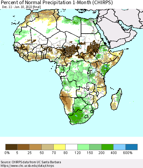 Africa Percent of Normal Precipitation 1-Month (CHIRPS) Thematic Map For 12/11/2021 - 1/10/2022