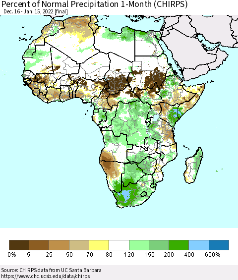 Africa Percent of Normal Precipitation 1-Month (CHIRPS) Thematic Map For 12/16/2021 - 1/15/2022