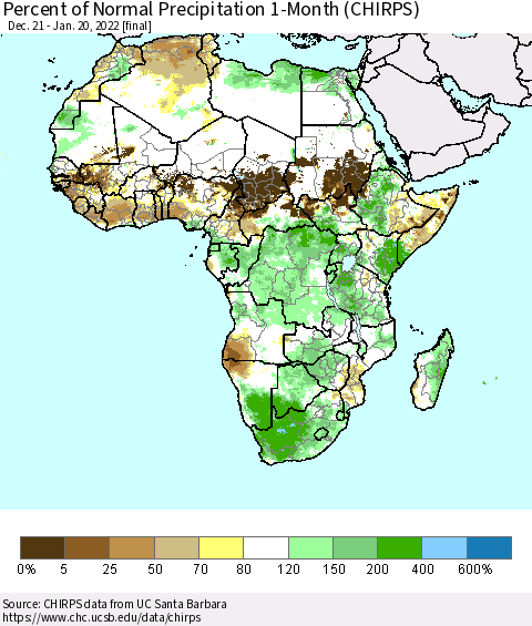 Africa Percent of Normal Precipitation 1-Month (CHIRPS) Thematic Map For 12/21/2021 - 1/20/2022