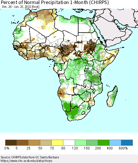 Africa Percent of Normal Precipitation 1-Month (CHIRPS) Thematic Map For 12/26/2021 - 1/25/2022