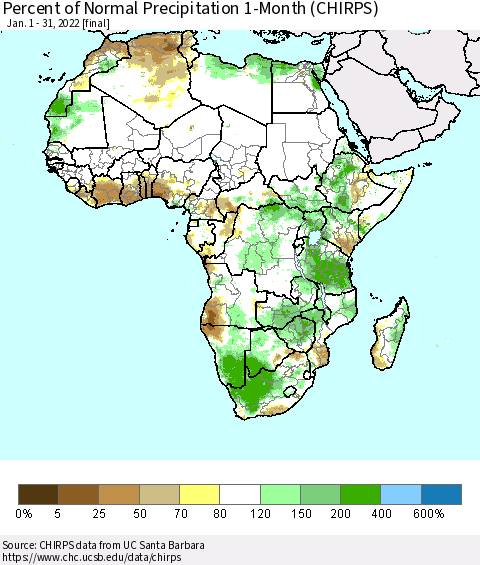 Africa Percent of Normal Precipitation 1-Month (CHIRPS) Thematic Map For 1/1/2022 - 1/31/2022