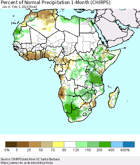 Africa Percent of Normal Precipitation 1-Month (CHIRPS) Thematic Map For 1/6/2022 - 2/5/2022