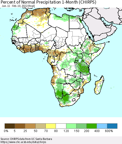 Africa Percent of Normal Precipitation 1-Month (CHIRPS) Thematic Map For 1/11/2022 - 2/10/2022