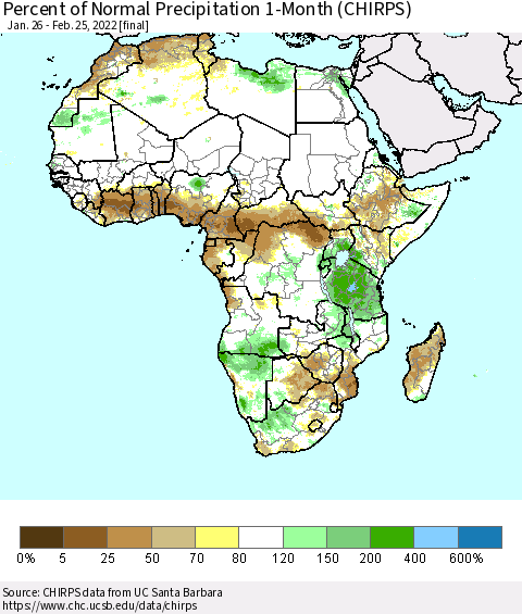 Africa Percent of Normal Precipitation 1-Month (CHIRPS) Thematic Map For 1/26/2022 - 2/25/2022