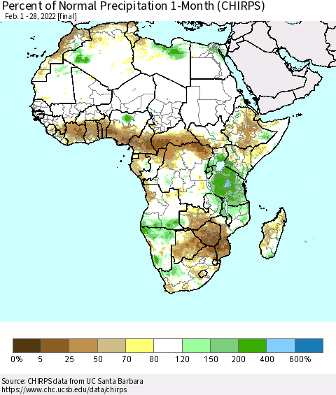 Africa Percent of Normal Precipitation 1-Month (CHIRPS) Thematic Map For 2/1/2022 - 2/28/2022