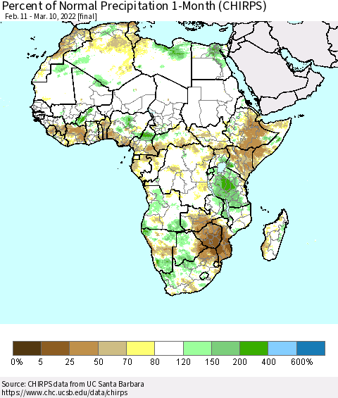 Africa Percent of Normal Precipitation 1-Month (CHIRPS) Thematic Map For 2/11/2022 - 3/10/2022