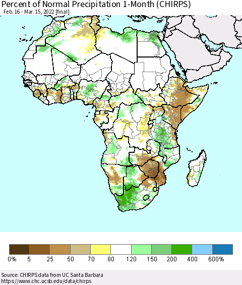 Africa Percent of Normal Precipitation 1-Month (CHIRPS) Thematic Map For 2/16/2022 - 3/15/2022