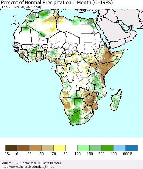 Africa Percent of Normal Precipitation 1-Month (CHIRPS) Thematic Map For 2/21/2022 - 3/20/2022