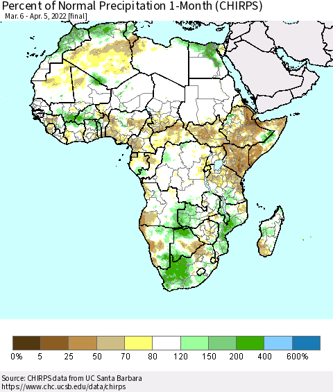 Africa Percent of Normal Precipitation 1-Month (CHIRPS) Thematic Map For 3/6/2022 - 4/5/2022