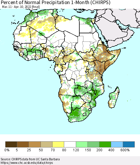 Africa Percent of Normal Precipitation 1-Month (CHIRPS) Thematic Map For 3/11/2022 - 4/10/2022