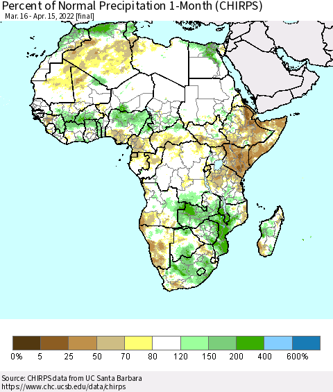 Africa Percent of Normal Precipitation 1-Month (CHIRPS) Thematic Map For 3/16/2022 - 4/15/2022