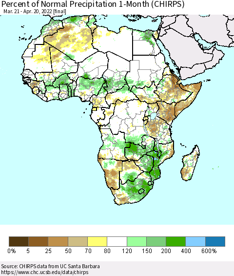 Africa Percent of Normal Precipitation 1-Month (CHIRPS) Thematic Map For 3/21/2022 - 4/20/2022