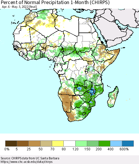 Africa Percent of Normal Precipitation 1-Month (CHIRPS) Thematic Map For 4/6/2022 - 5/5/2022