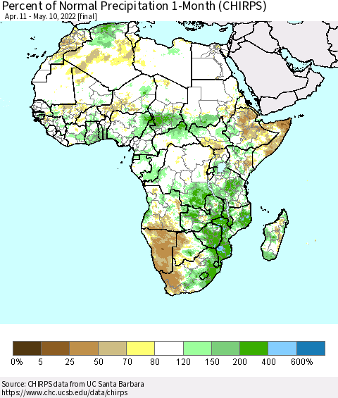 Africa Percent of Normal Precipitation 1-Month (CHIRPS) Thematic Map For 4/11/2022 - 5/10/2022