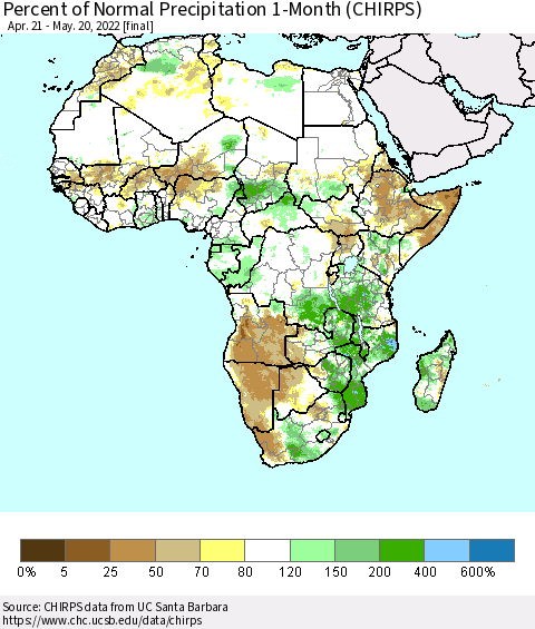Africa Percent of Normal Precipitation 1-Month (CHIRPS) Thematic Map For 4/21/2022 - 5/20/2022