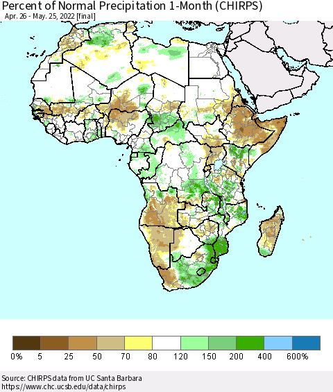 Africa Percent of Normal Precipitation 1-Month (CHIRPS) Thematic Map For 4/26/2022 - 5/25/2022