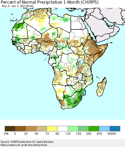 Africa Percent of Normal Precipitation 1-Month (CHIRPS) Thematic Map For 5/6/2022 - 6/5/2022