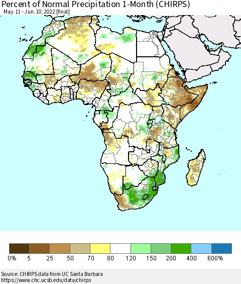 Africa Percent of Normal Precipitation 1-Month (CHIRPS) Thematic Map For 5/11/2022 - 6/10/2022