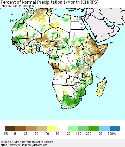 Africa Percent of Normal Precipitation 1-Month (CHIRPS) Thematic Map For 5/16/2022 - 6/15/2022