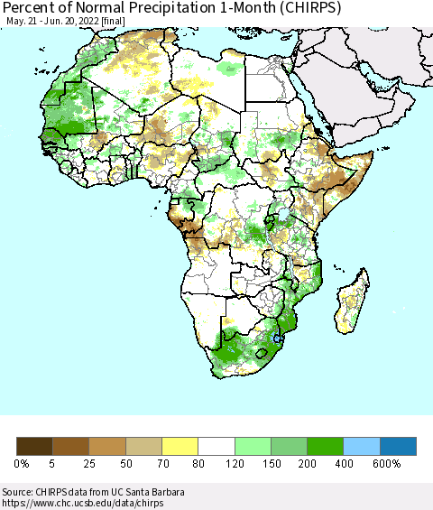 Africa Percent of Normal Precipitation 1-Month (CHIRPS) Thematic Map For 5/21/2022 - 6/20/2022