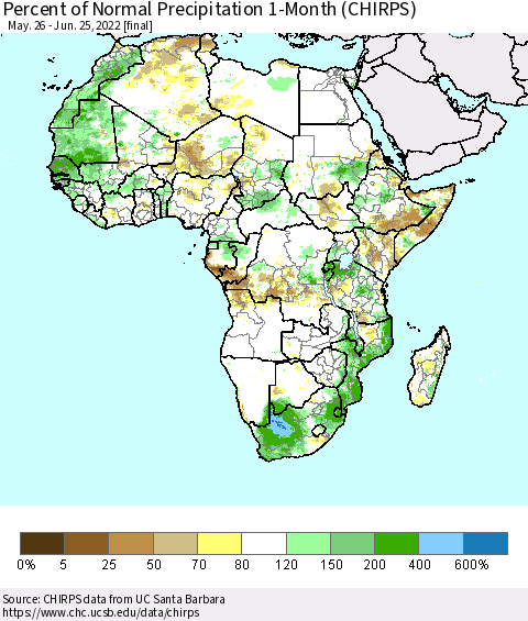 Africa Percent of Normal Precipitation 1-Month (CHIRPS) Thematic Map For 5/26/2022 - 6/25/2022